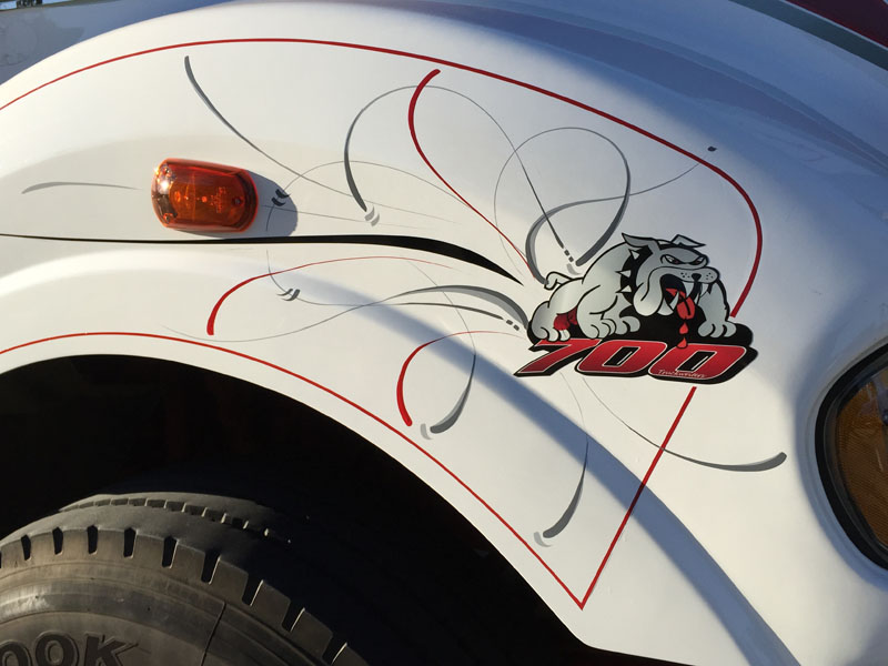 Red and black pinstriping around a bulldog emblem on a white truck guard